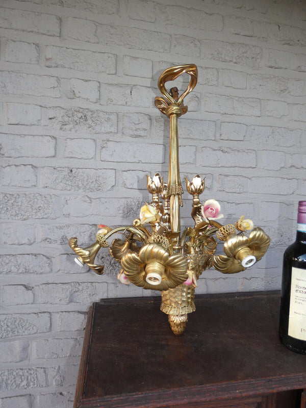 French bronze Flower basket putti porcelain Chandelier lamp rare
