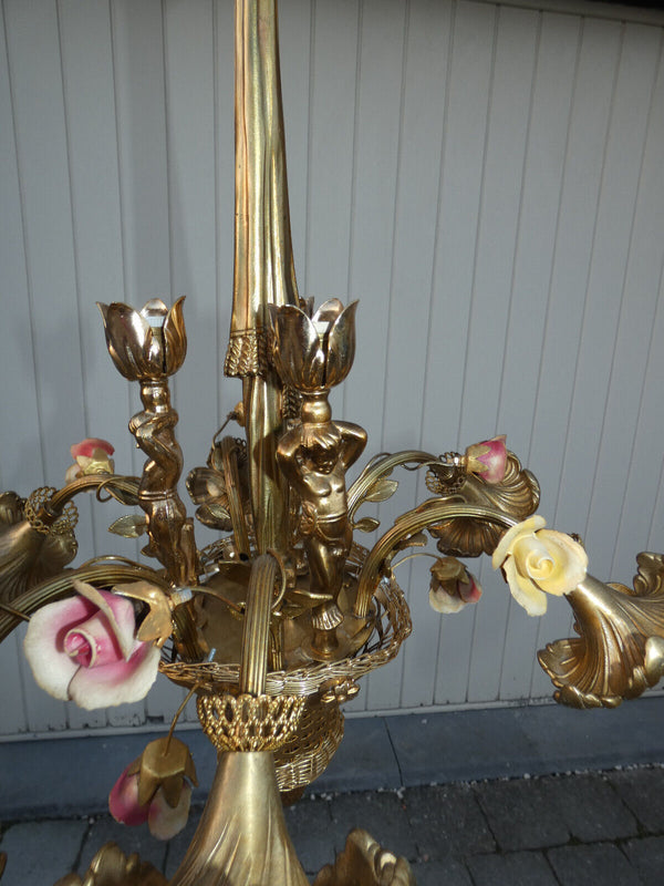 French bronze Flower basket putti porcelain Chandelier lamp rare