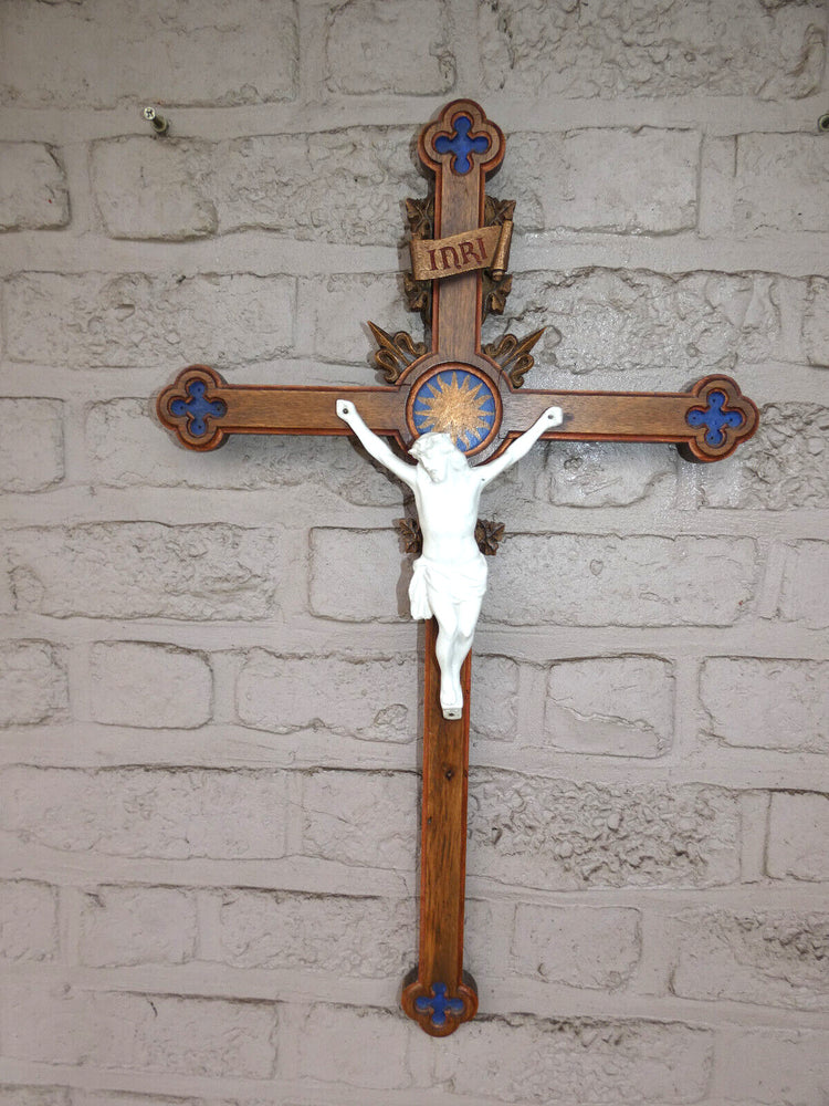 Vintage 1960 French wood carved crucifix bisque porcelain corpus rare