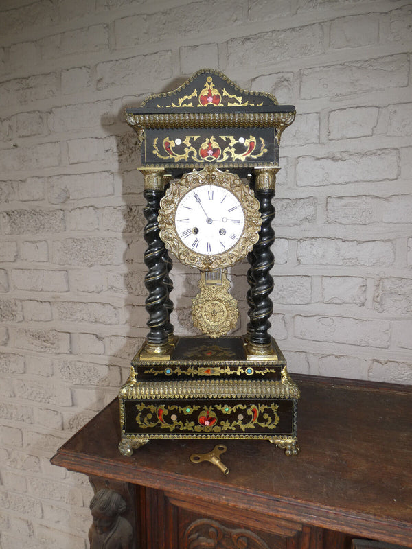 Antique 19thc napoleon III black lacquered wood inlay decor mantel clock