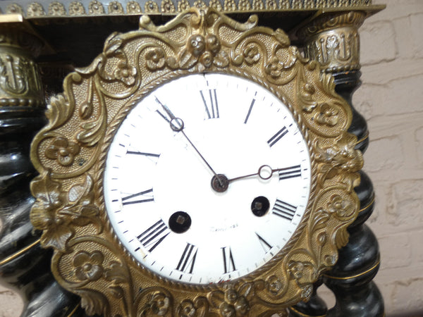 Antique 19thc napoleon III black lacquered wood inlay decor mantel clock