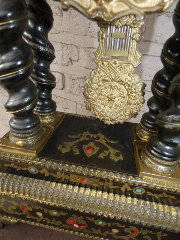Antique 19thc napoleon III black lacquered wood inlay decor mantel clock