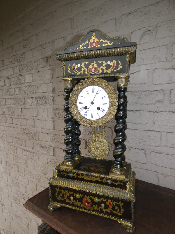 Antique 19thc napoleon III black lacquered wood inlay decor mantel clock