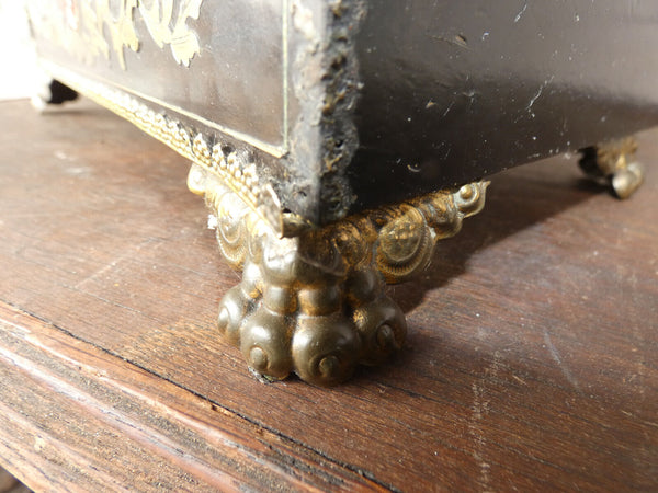 Antique 19thc napoleon III black lacquered wood inlay decor mantel clock