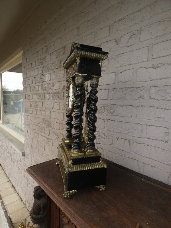 Antique 19thc napoleon III black lacquered wood inlay decor mantel clock