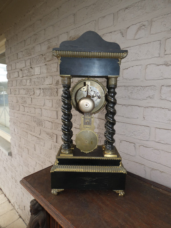 Antique 19thc napoleon III black lacquered wood inlay decor mantel clock