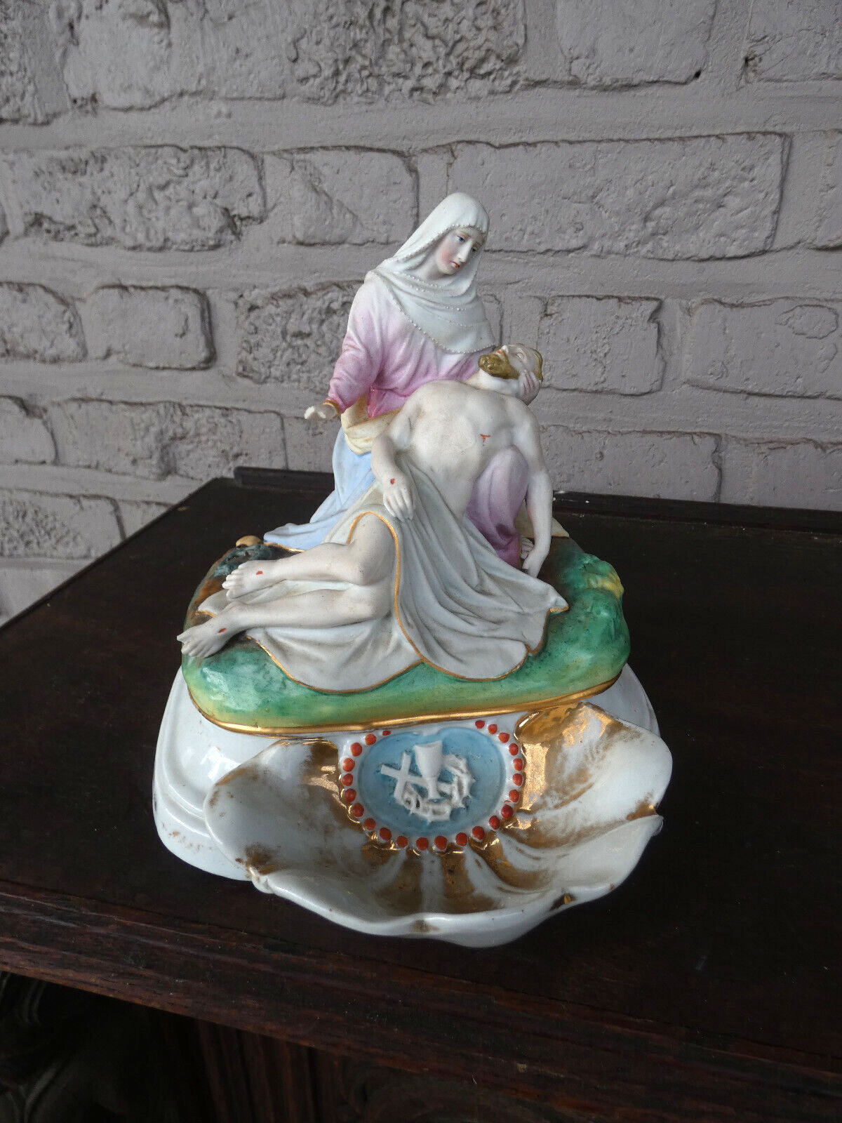 Antique french rare vieux paris porcelain pieta holy water font statue