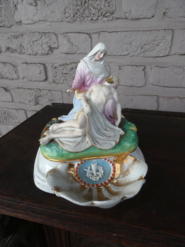 Antique french rare vieux paris porcelain pieta holy water font statue