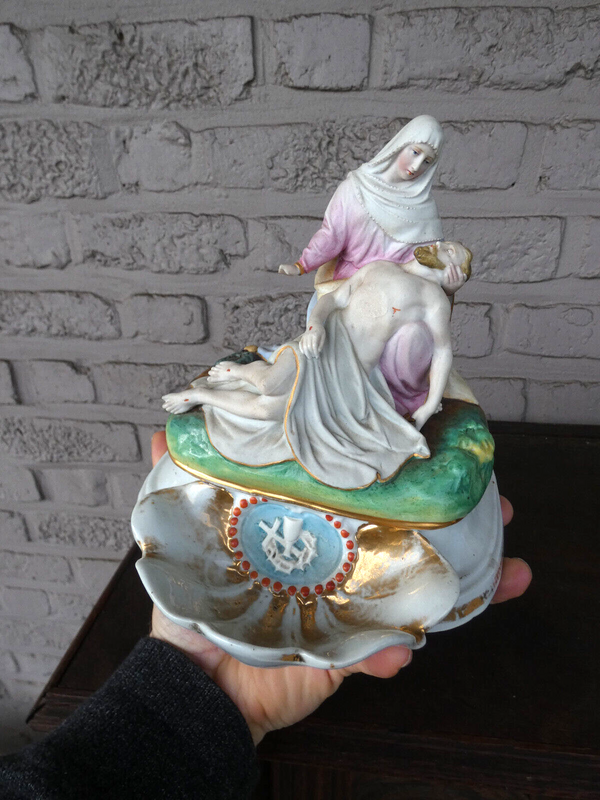Antique french rare vieux paris porcelain pieta holy water font statue