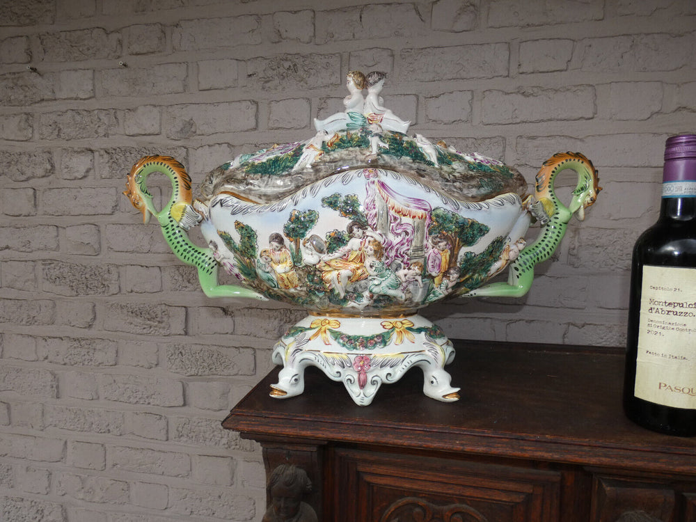 XL italian Capodimonte marked porcelain dragon centerpiece bowl cherubs swans