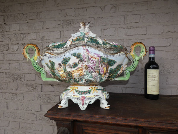 XL italian Capodimonte marked porcelain dragon centerpiece bowl cherubs swans