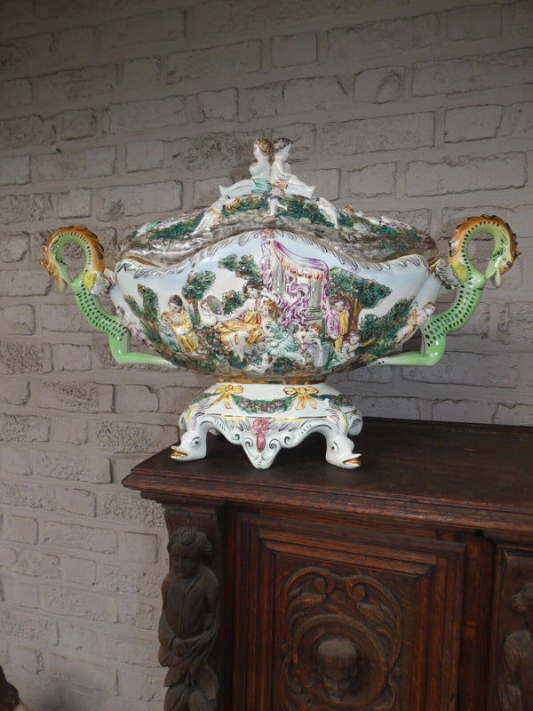 XL italian Capodimonte marked porcelain dragon centerpiece bowl cherubs swans