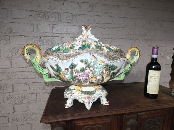 XL italian Capodimonte marked porcelain dragon centerpiece bowl cherubs swans