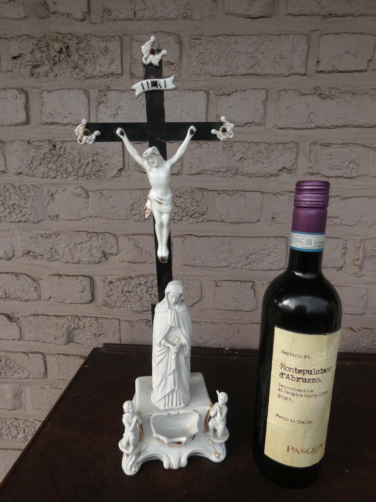 Antique french porcelain bisque holy water font crucifix angels madonna