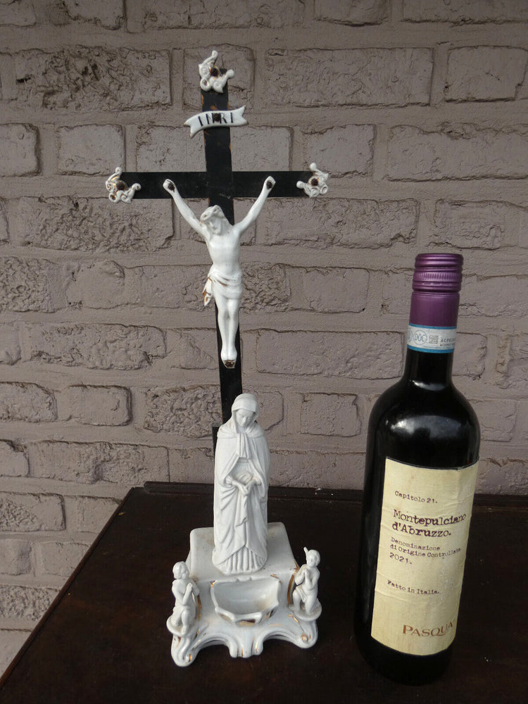 Antique french porcelain bisque holy water font crucifix angels madonna
