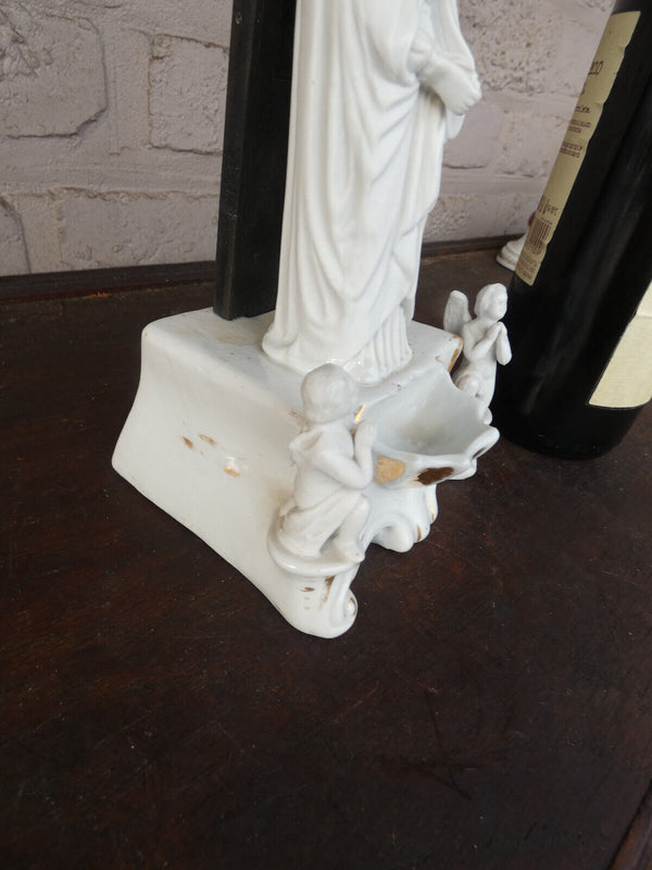 Antique french porcelain bisque holy water font crucifix angels madonna