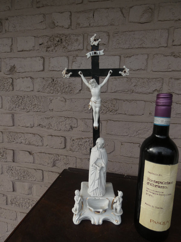 Antique french porcelain bisque holy water font crucifix angels madonna