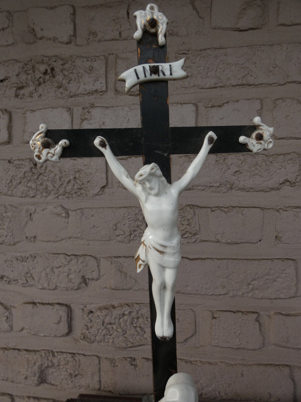 Antique french porcelain bisque holy water font crucifix angels madonna