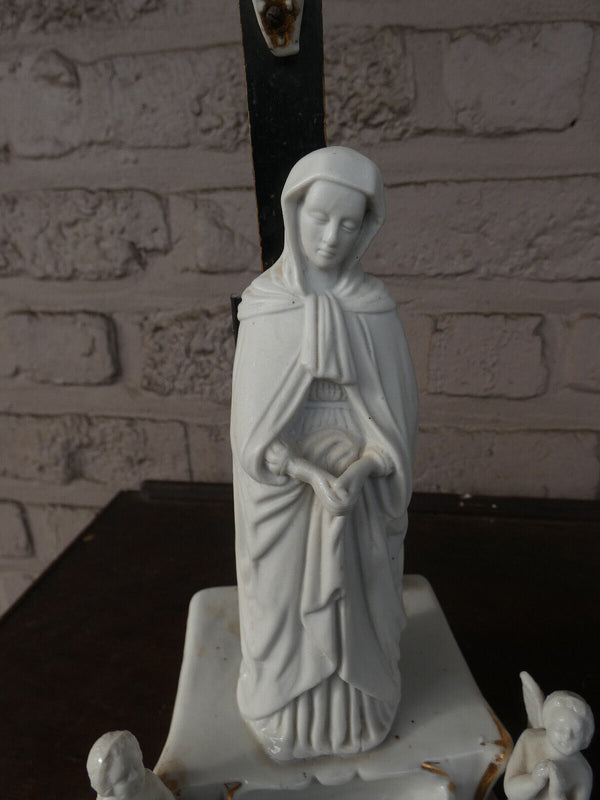 Antique french porcelain bisque holy water font crucifix angels madonna