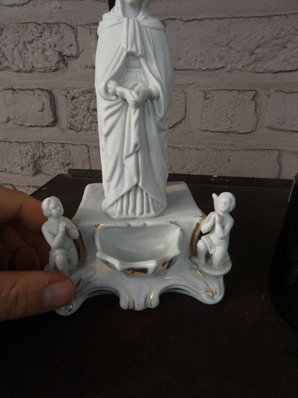 Antique french porcelain bisque holy water font crucifix angels madonna