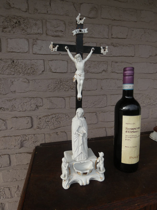 Antique french porcelain bisque holy water font crucifix angels madonna