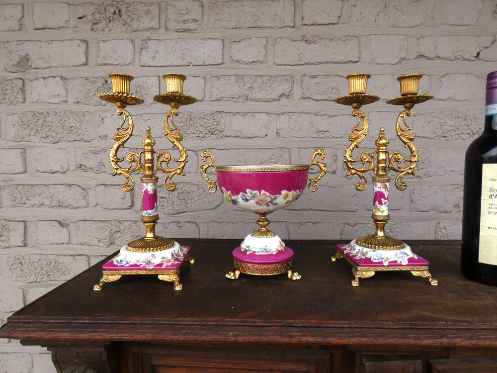 Vintage italian porcelain dragons floral set Candle holders Bowl vase marked