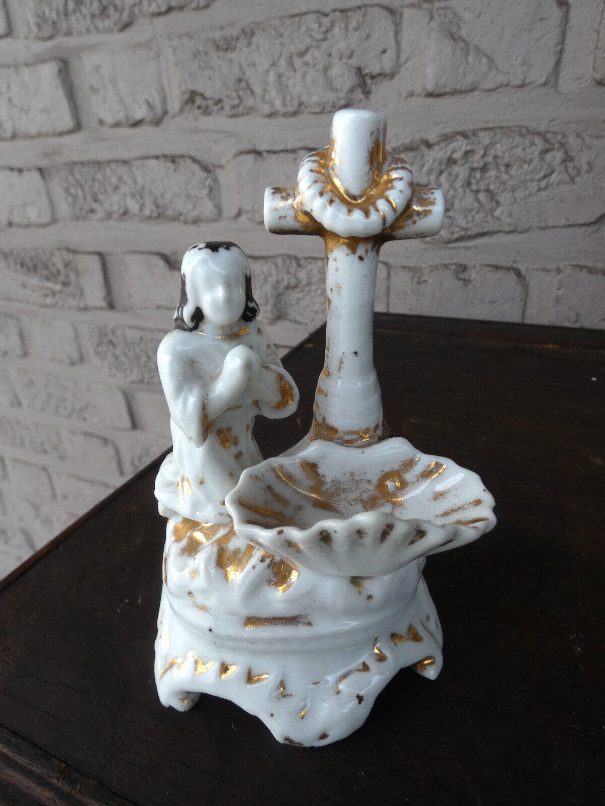 Antique small  french porcelain holy water font praying figurine statue