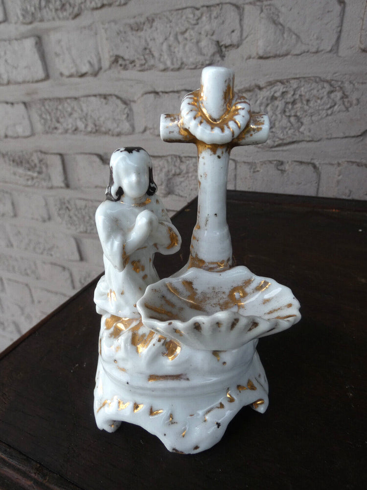 Antique small  french porcelain holy water font praying figurine statue