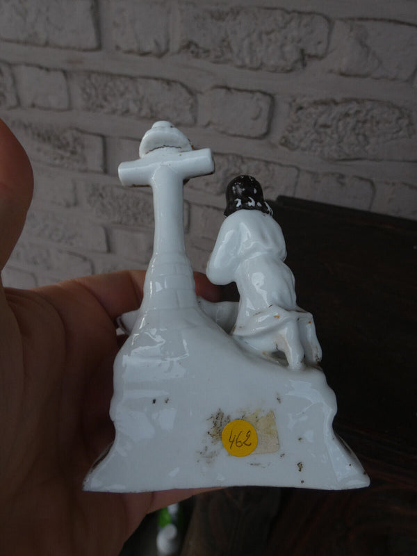 Antique small  french porcelain holy water font praying figurine statue