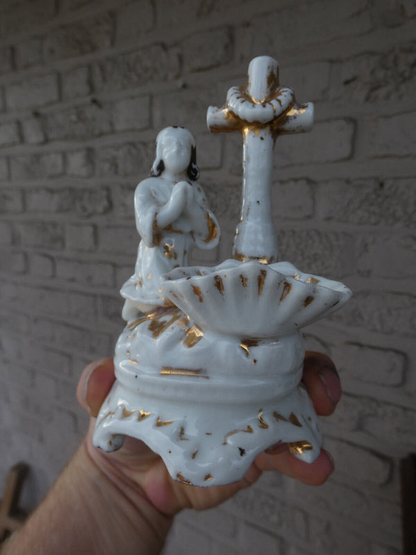 Antique small  french porcelain holy water font praying figurine statue