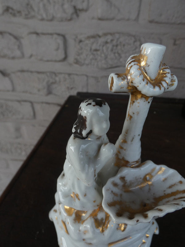 Antique small  french porcelain holy water font praying figurine statue