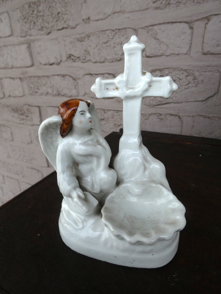 Antique small letu mauger french porcelain holy water font angel statue