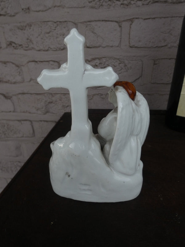 Antique small letu mauger french porcelain holy water font angel statue
