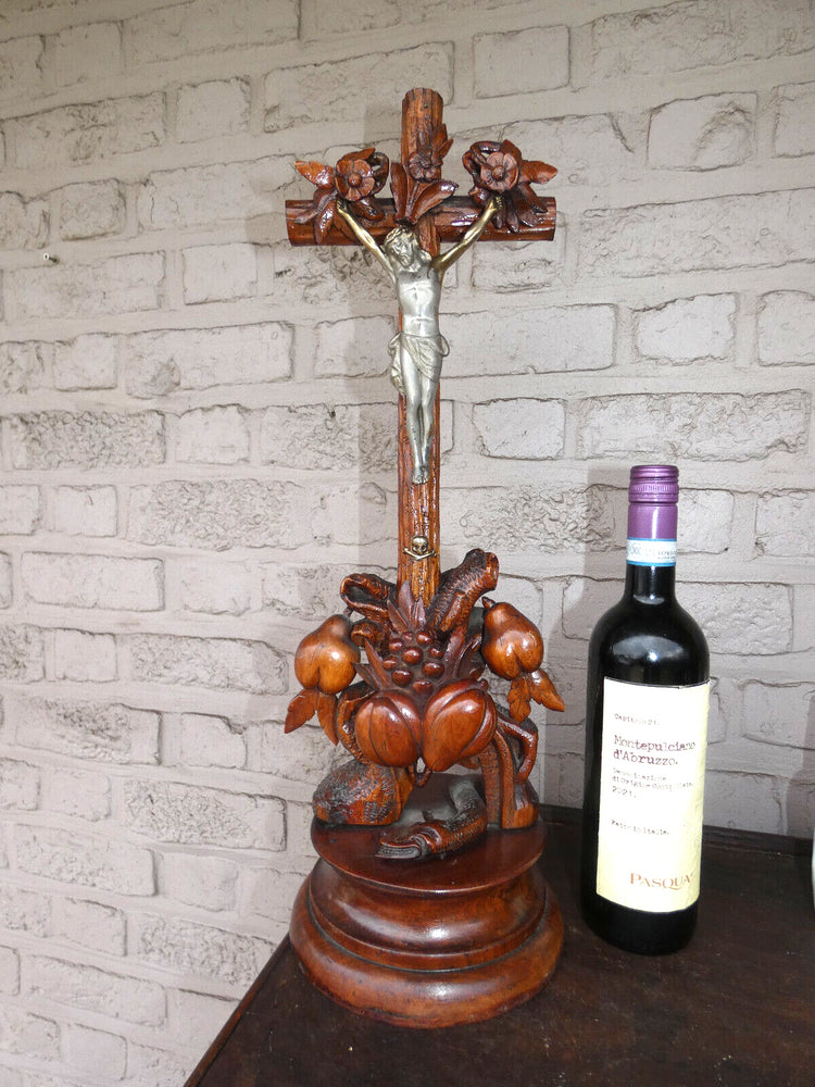 Antique Rare Wood carved crucifix fruits snake religious