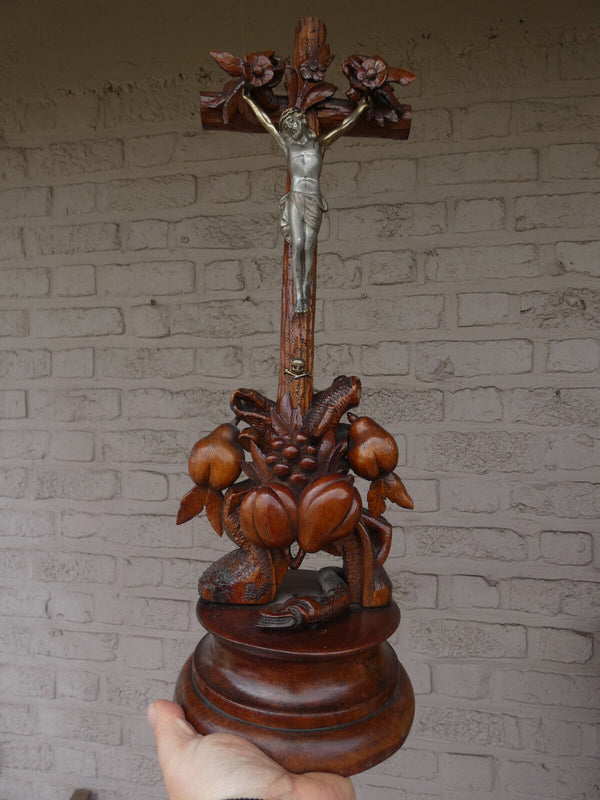 Antique Rare Wood carved crucifix fruits snake religious