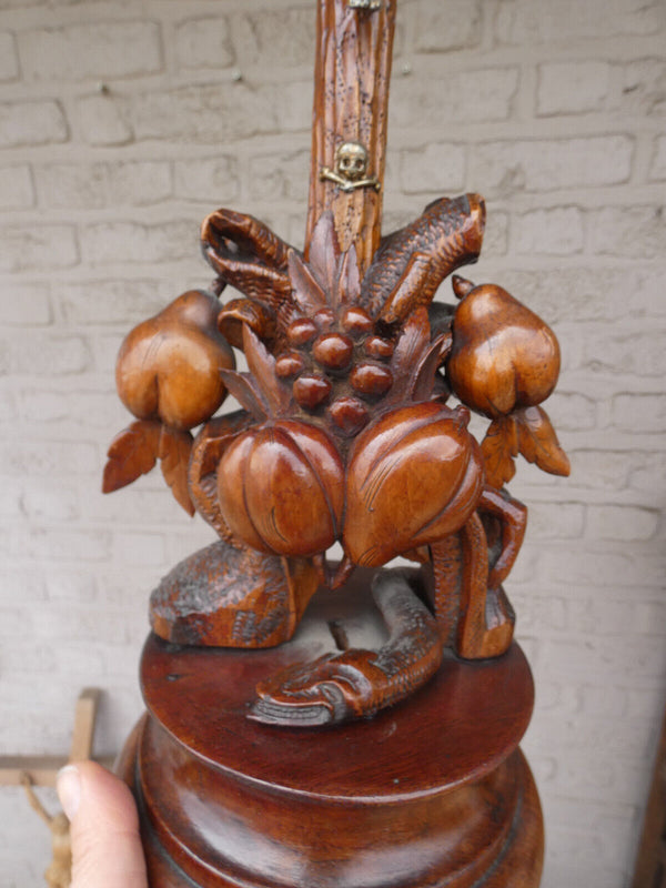 Antique Rare Wood carved crucifix fruits snake religious