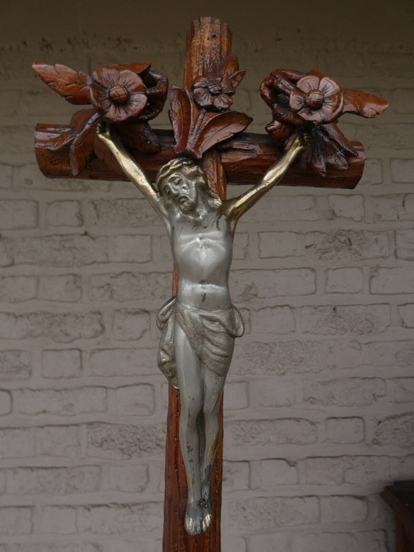 Antique Rare Wood carved crucifix fruits snake religious
