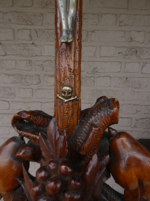 Antique Rare Wood carved crucifix fruits snake religious