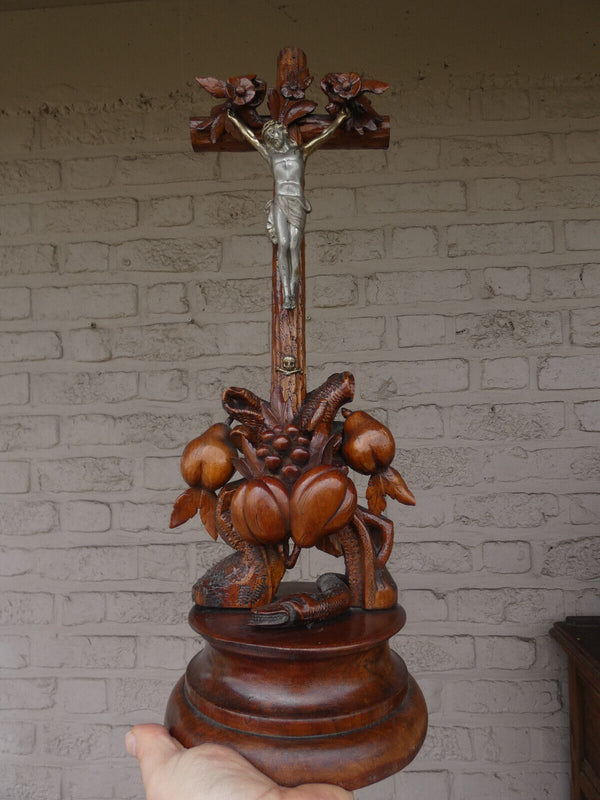Antique Rare Wood carved crucifix fruits snake religious