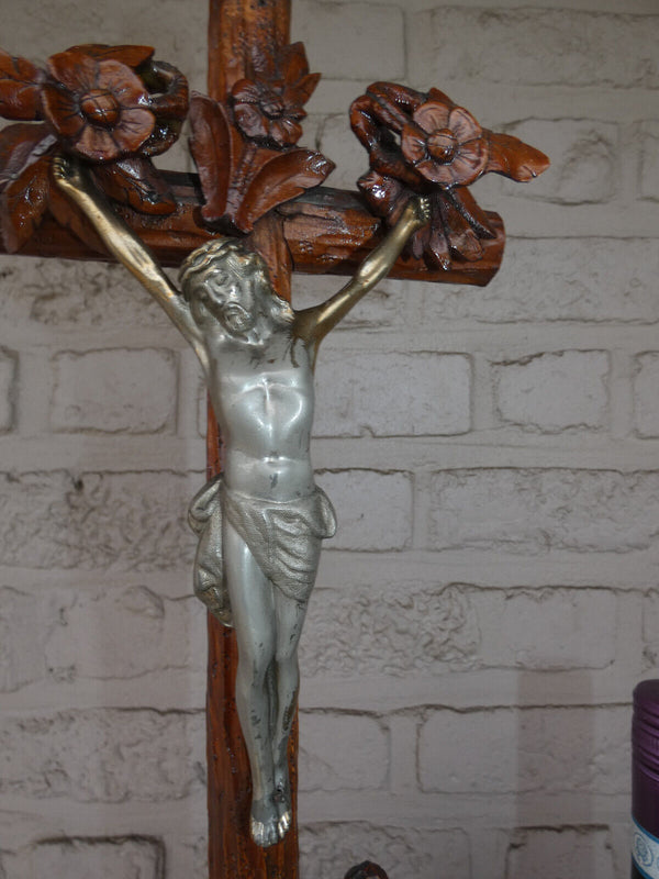 Antique Rare Wood carved crucifix fruits snake religious