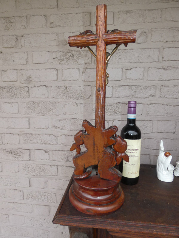 Antique Rare Wood carved crucifix fruits snake religious