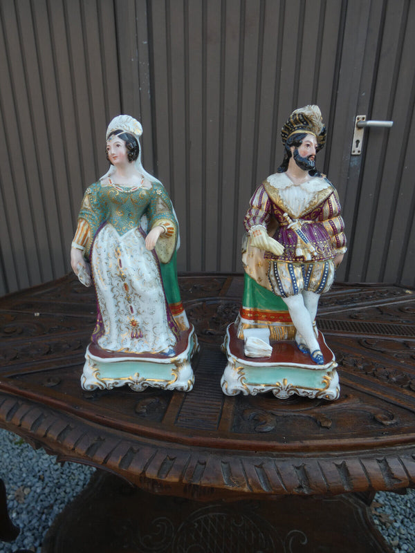 PAIR Antique french vieux paris porcelain pique fleur statue lady man figurine