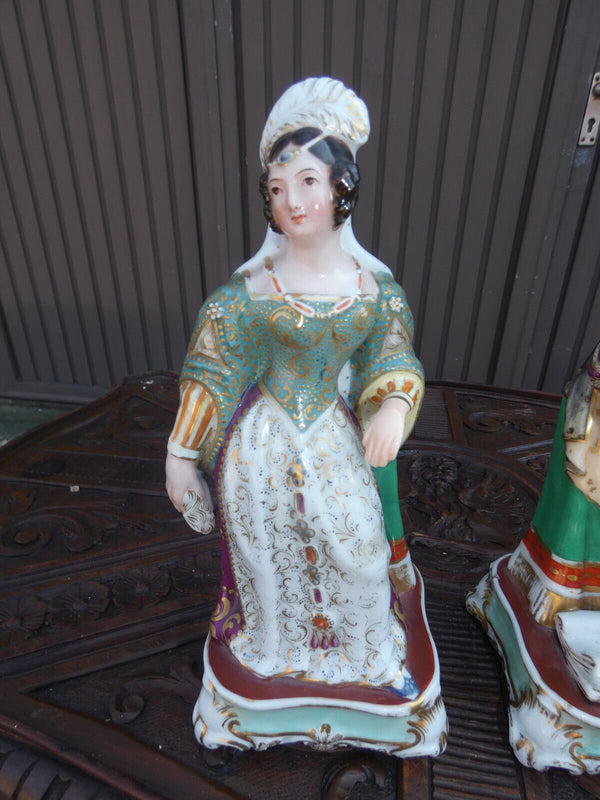 PAIR Antique french vieux paris porcelain pique fleur statue lady man figurine