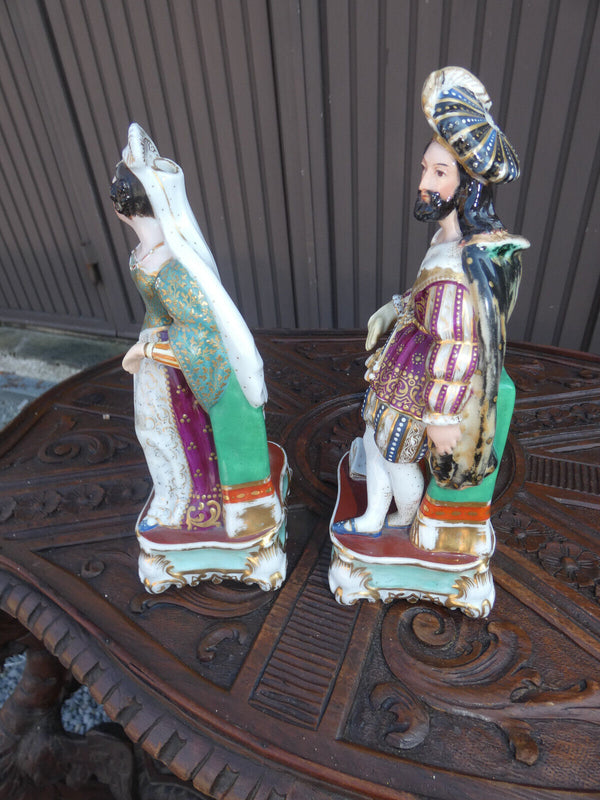 PAIR Antique french vieux paris porcelain pique fleur statue lady man figurine