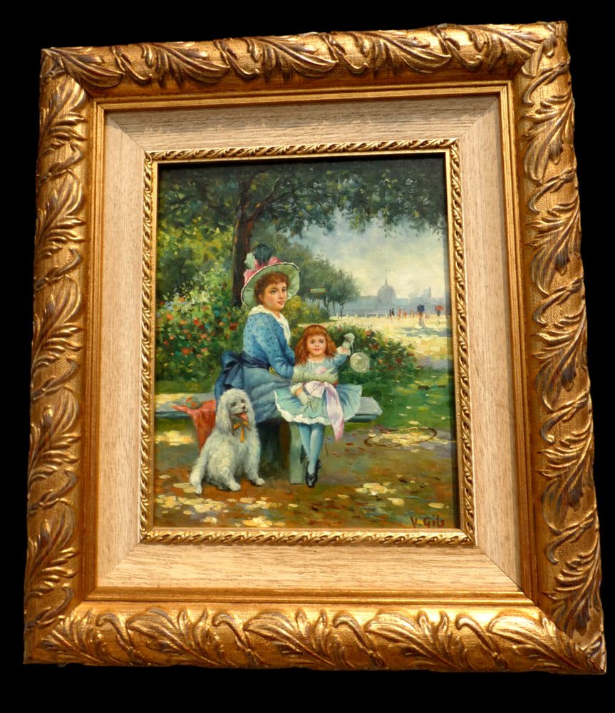 Vintage oil panel Romantic painting mother daughter poodle dog portrait