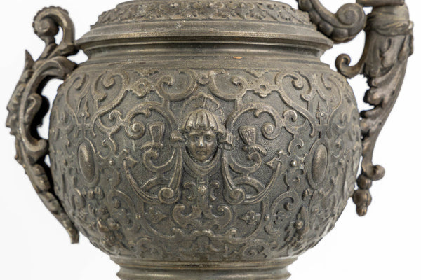 Antique 19thc Large Spelter bronze marble base pitcher Dragon satyr putti rare
