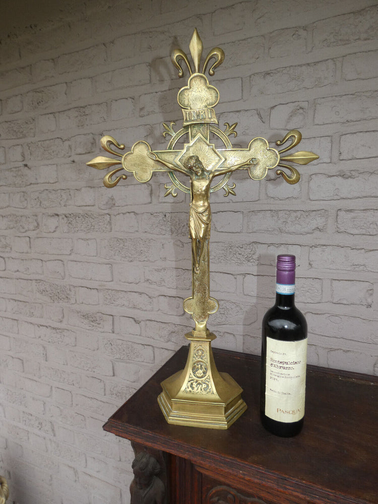 Antique Bronze french fleur de lys symbol altar cross crucifix religious