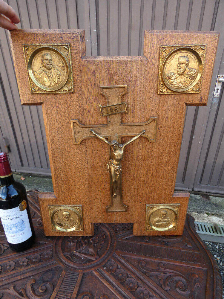 Antique Rare Religious wood plaque bronze crucifix 4 evangelist portraits