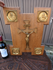 Antique Rare Religious wood plaque bronze crucifix 4 evangelist portraits
