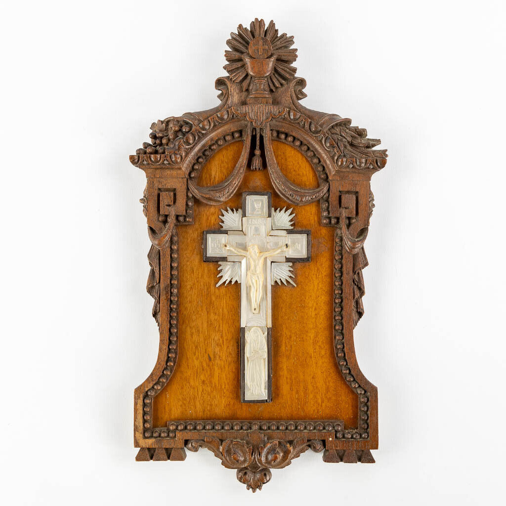 Antique 19thc wood carved plaque mother pearl crucifix signed religious